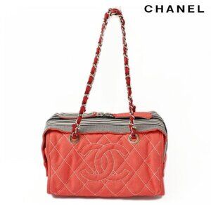 Chanel Shoulder Bag Denim Line Chain Red Navy